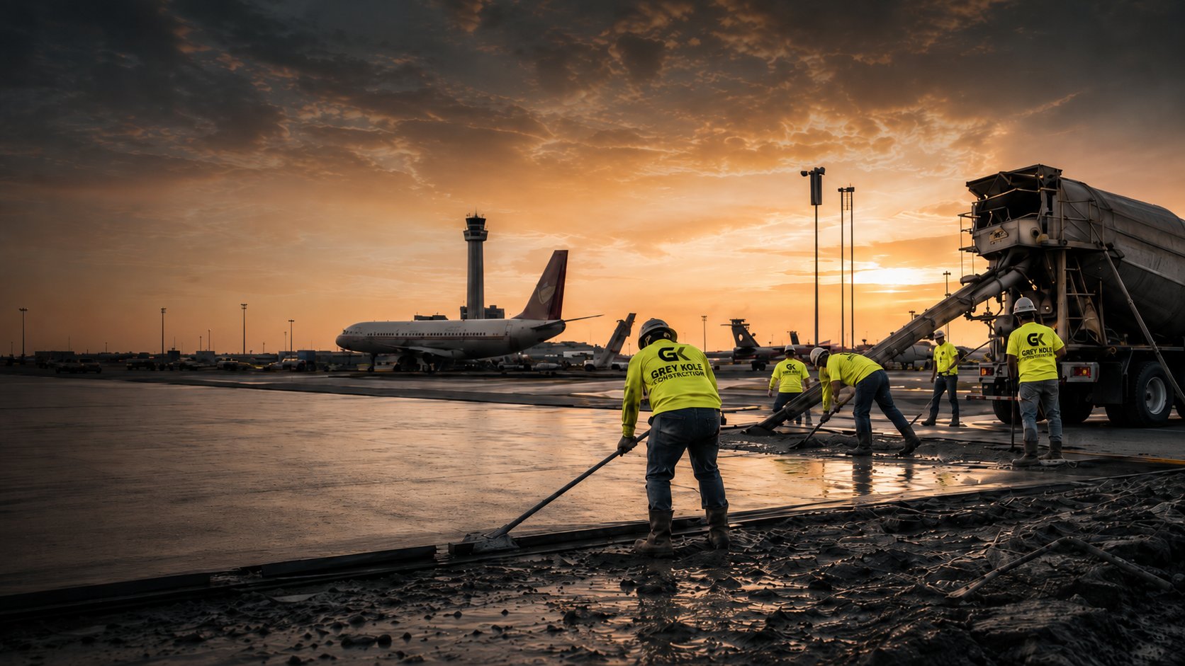 Grey Kole Construction crew at sunset